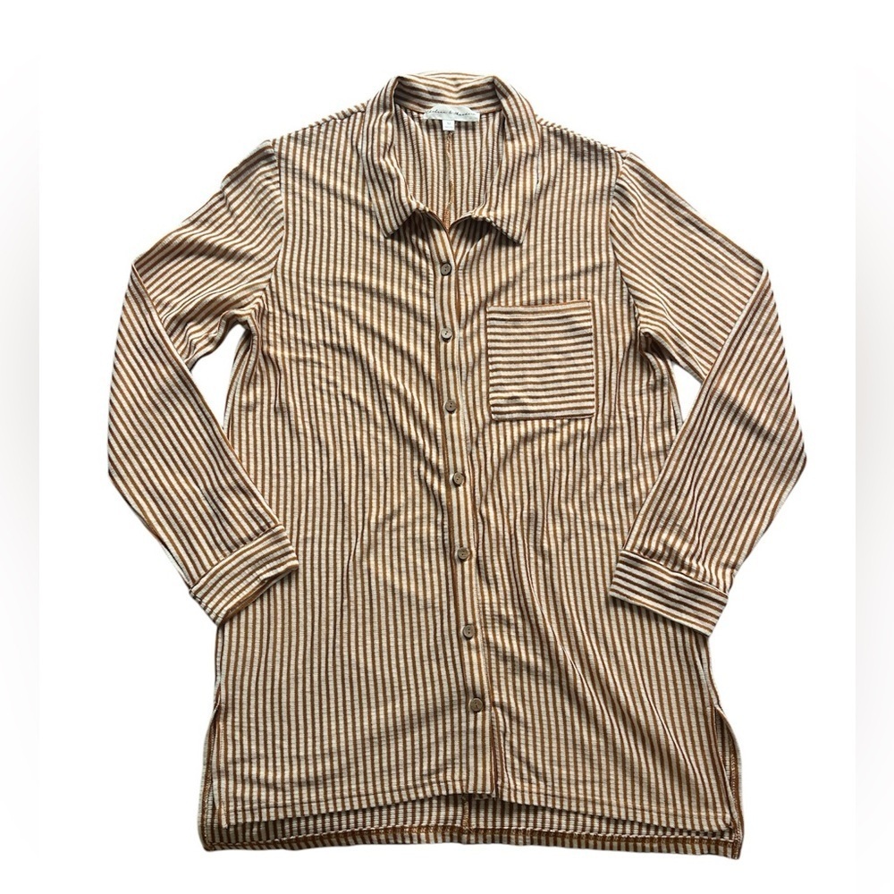 Chelsea & Theodore Woven Button Front Tunic Shirt Top Cream Burnt Orange Fall M - Picture 3 of 7